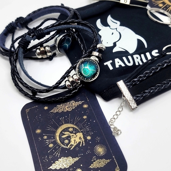 Taurus Zodiac ✦ Leather Bracelet Bundle ✦ Keychain Stickers Hair Tie & Mask NWT - Picture 3 of 12